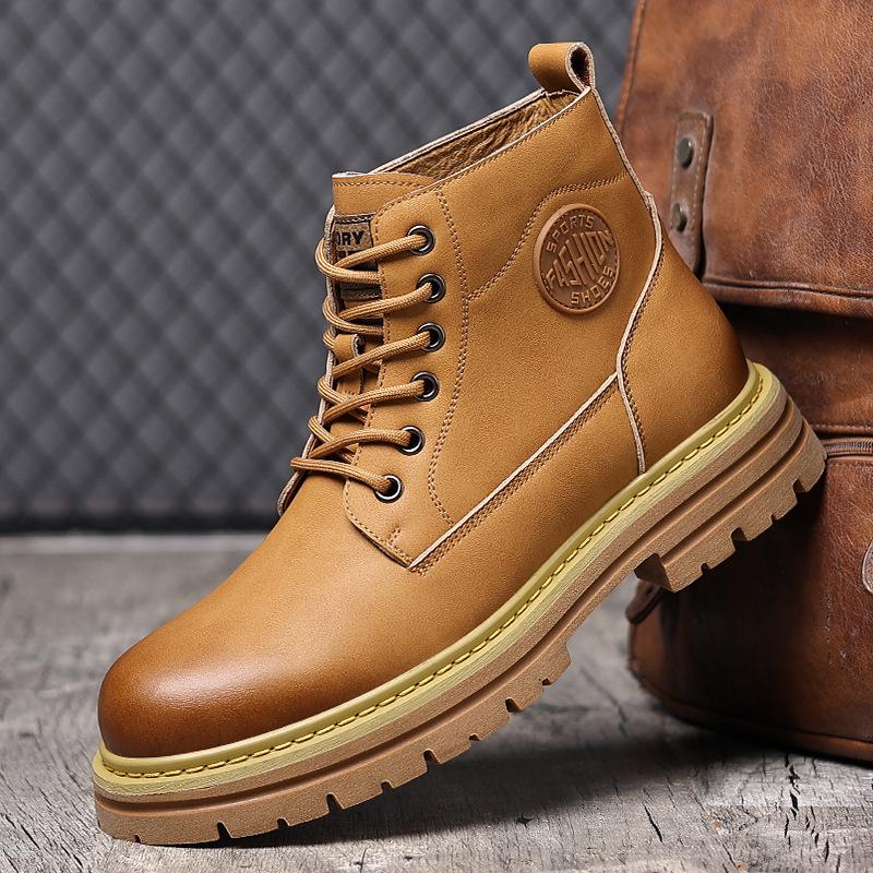 Men's British-Style Yellow Winter Boots - Thickened Velvet Lining, Martin Design, Trendy Desert Workwear, Cotton Shoes.