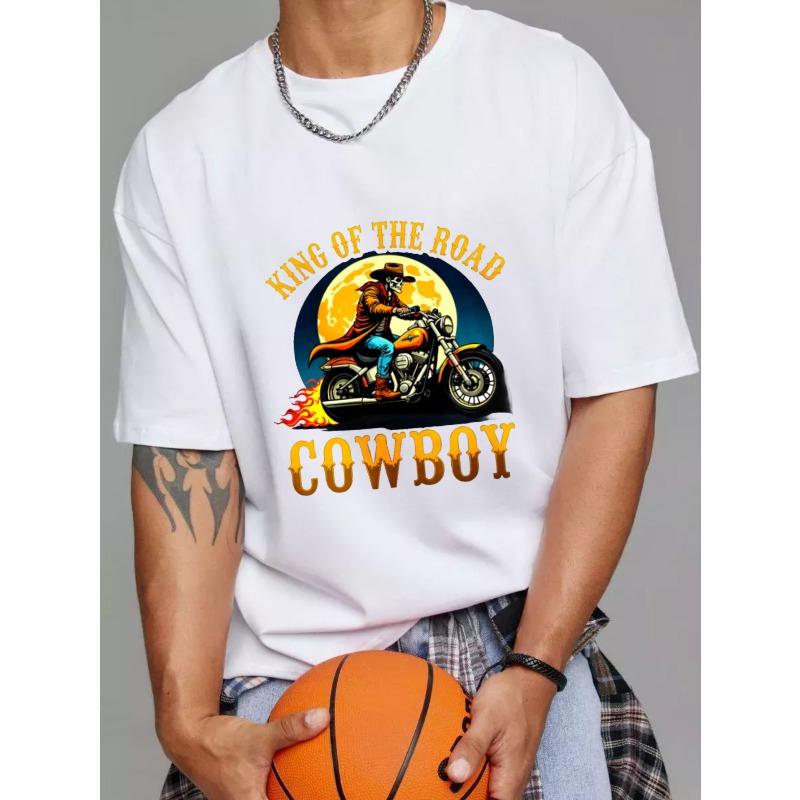 Bílé tričko s kulatým výstřihem King of The Road Kovboj Motocyklový jezdec s grafikou měsíce a plamenů pro běžné nošení