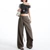Women's Brown-Gray Wide-Leg Pants with Flowing Ribbons, 2026 New Style, Slimming, Good Drape, Casual Straight-Leg Suit Pants.