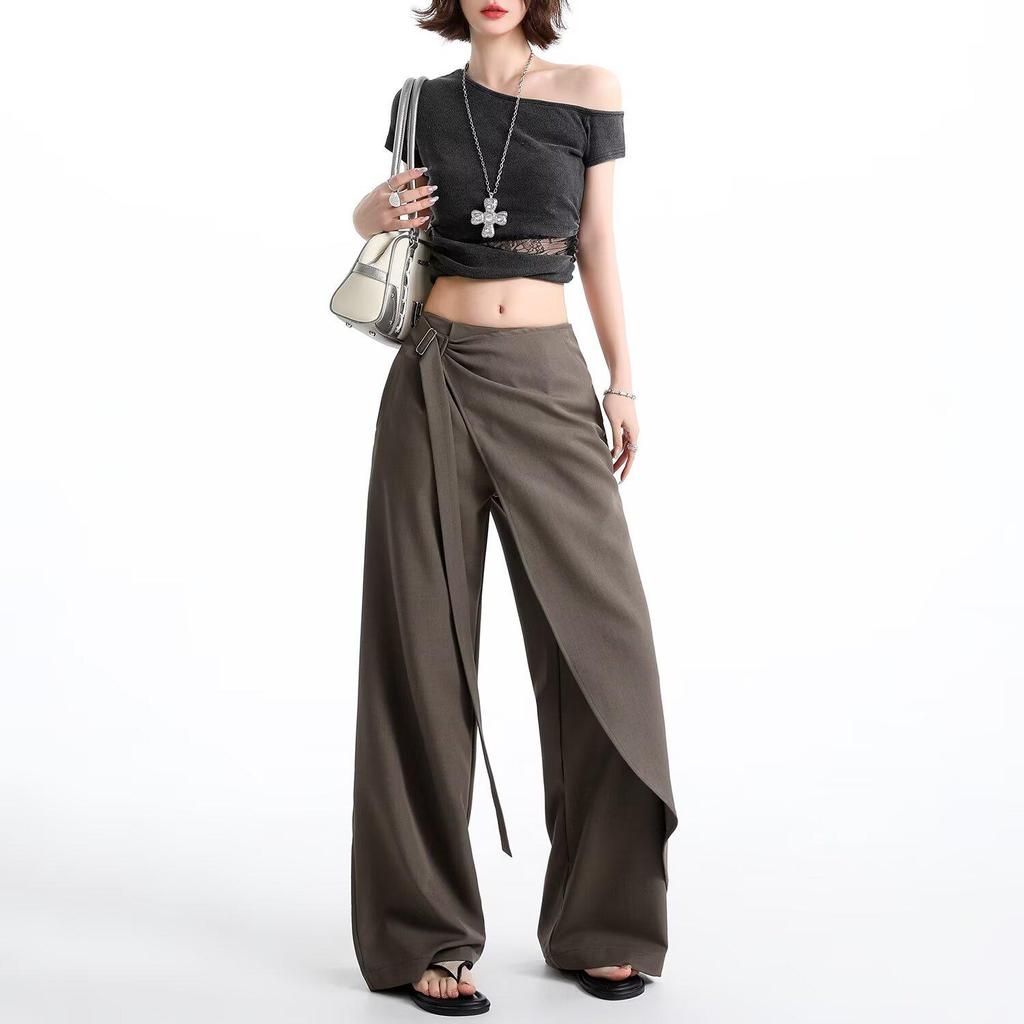 Women's Brown-Gray Wide-Leg Pants with Flowing Ribbons, 2026 New Style, Slimming, Good Drape, Casual Straight-Leg Suit Pants.