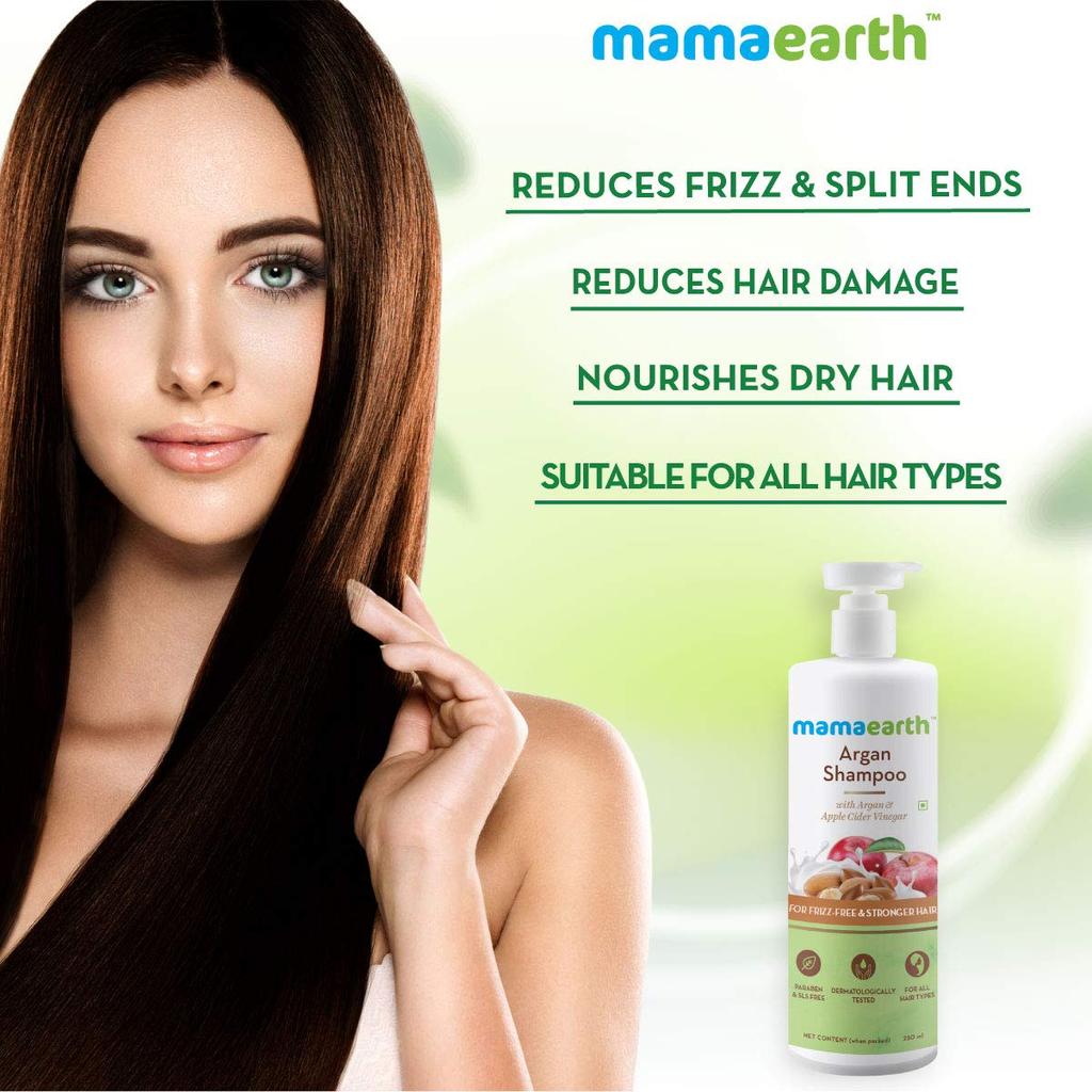 Mamaearth Argan Shampoo For Frizz-Free Strong Hair With Apple Cider Vinegar | Reduces Split Ends & Damage | Unisex Gentle Cleanser 250ml