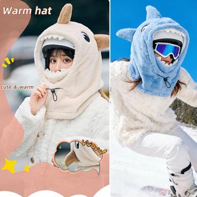 1 pièce Housse de Casque de Ski Requin Dessin Animé Hiver Chaud Confortable Douce Polaire Cache-Oreilles de Ski Capuche de Casque de Ski Cou 3 en 1