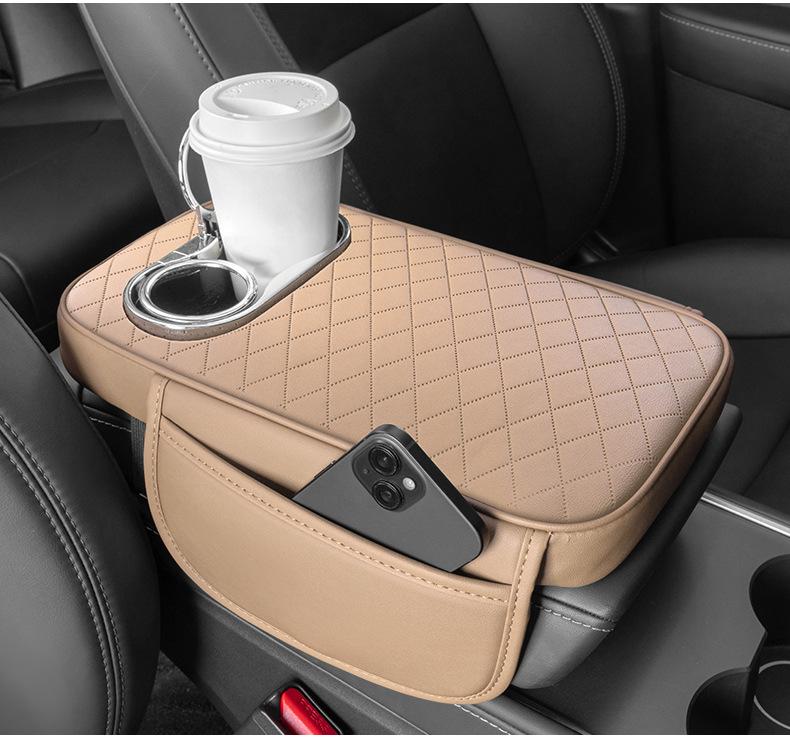 Multifunctional Leather Car Armrest Pad with Storage, Cup Holder, and Protective Cover