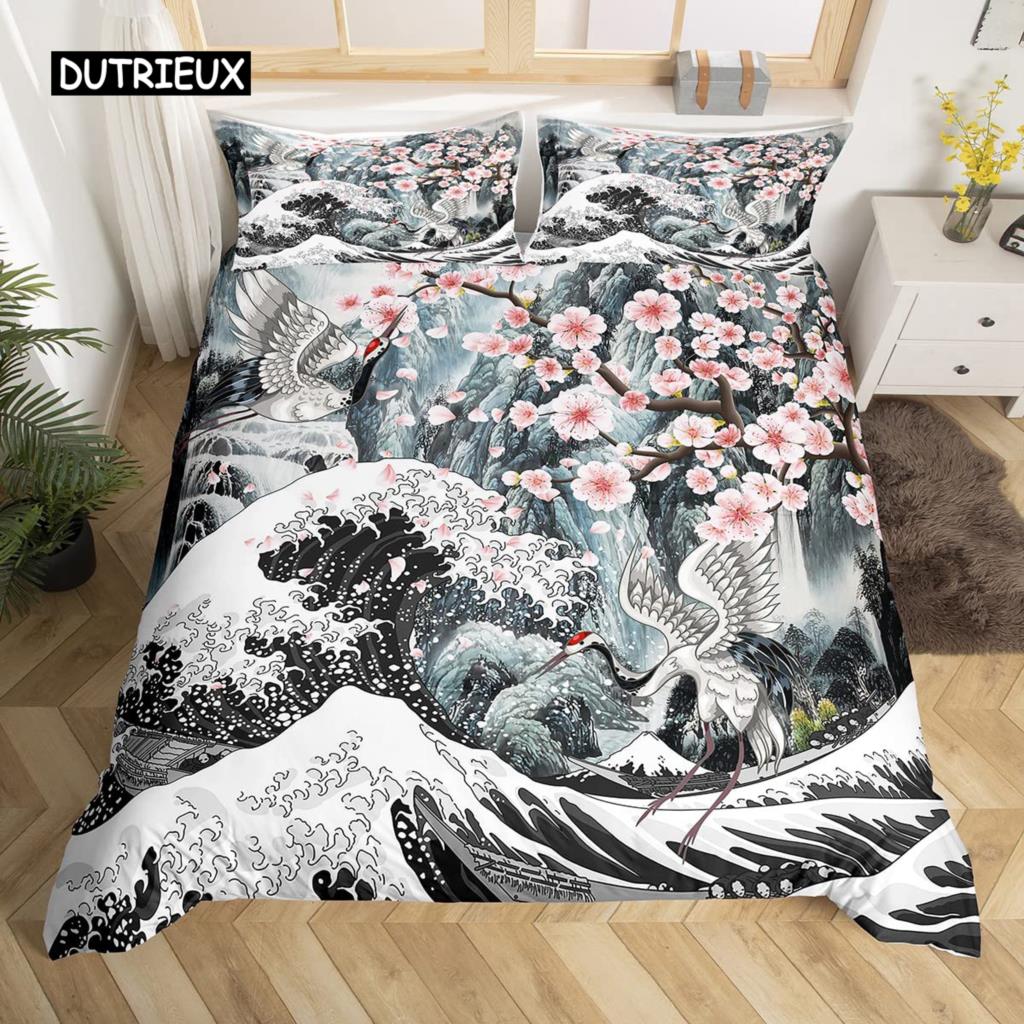 Kirschblüten-Bettbezug-Set, King-Size-Bett, japanischer Stil, romantisches Motiv, rosa Bettbezug-Set, botanisch floral bedruckter Bettbezug