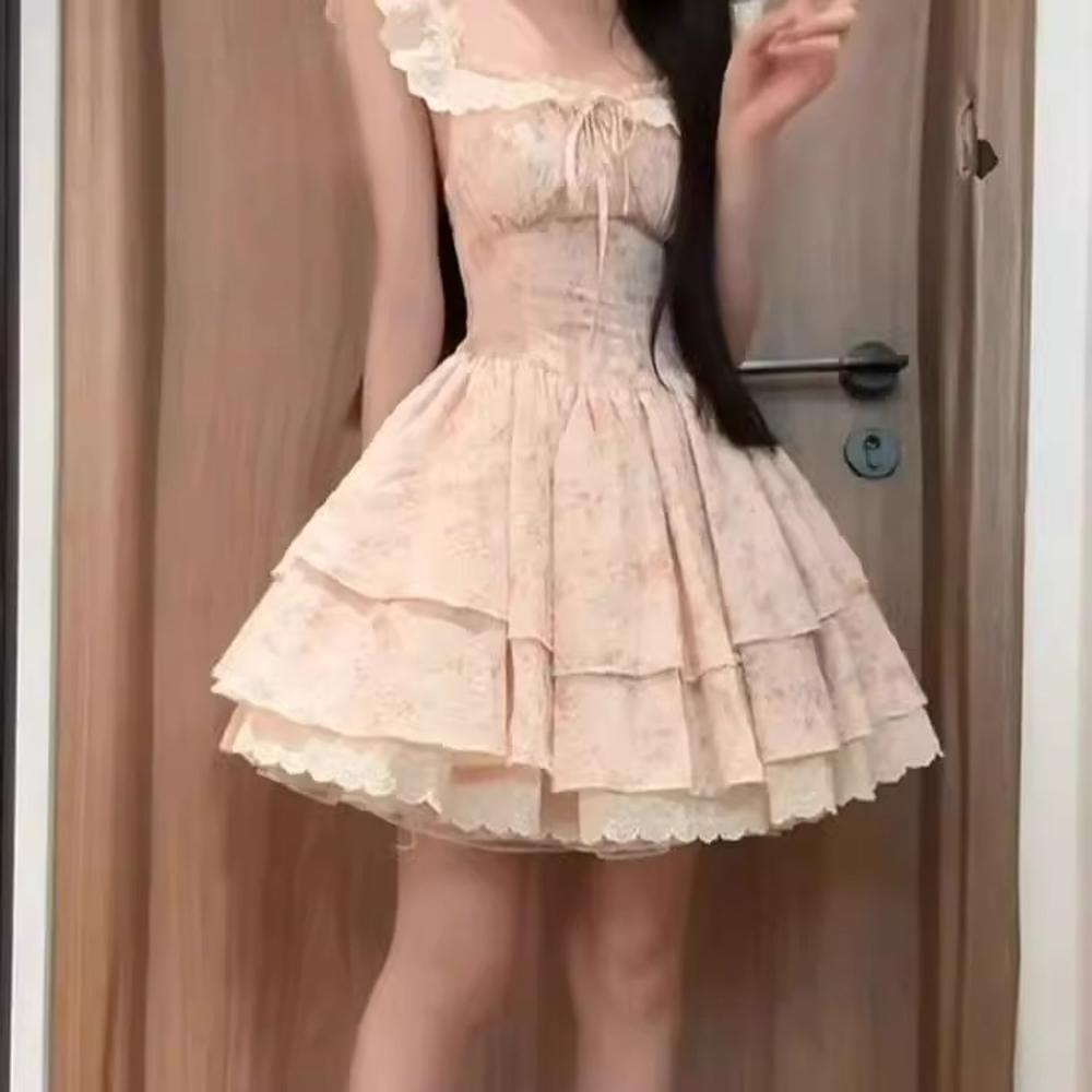 Pink Floral Small Flying Sleeve Dress, Gentle and Sweet, Beautiful and Unique Waist A-word Puffy Skirt