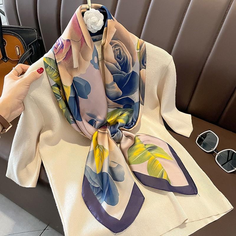 Large Square Scarf Women Lightweight Silk-Like Shawl Wrap Neck Floral Print Elegant Accessory