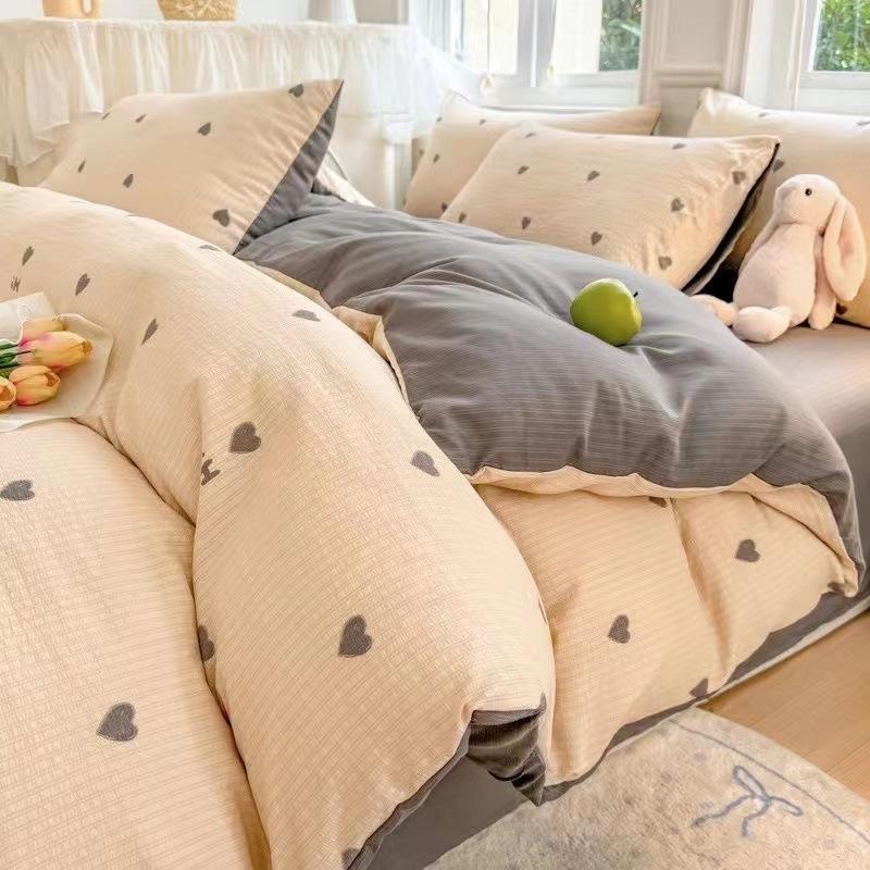 Class A Maternal Infant Grade Small Fresh Super Soft Bubble Cotton 4-Pcs Set Washed Cotton Quilt Cover Dormitory 3-Pcs Set Bed Hat