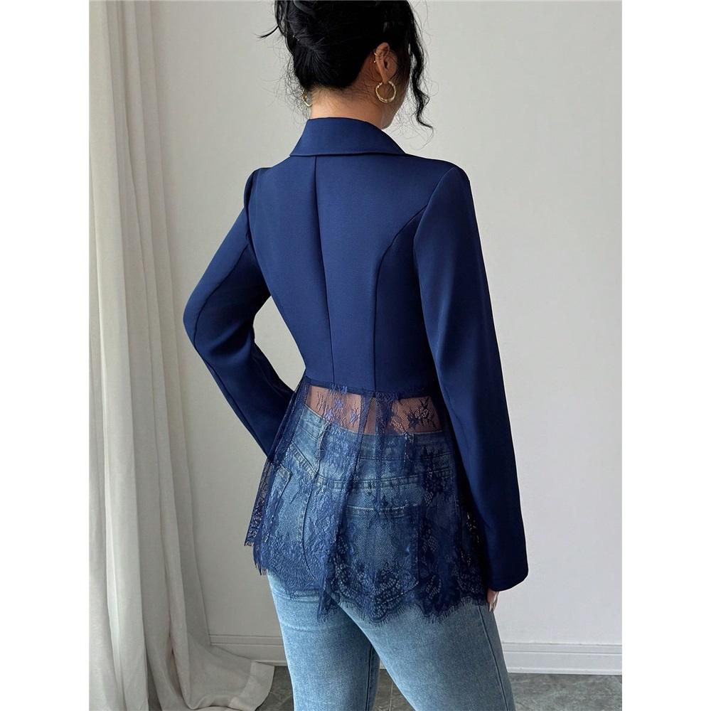 Blazer Donna alla Moda Primavera Estate Colore a Contrasto Pizzo in Vita Slim Linea ad A
