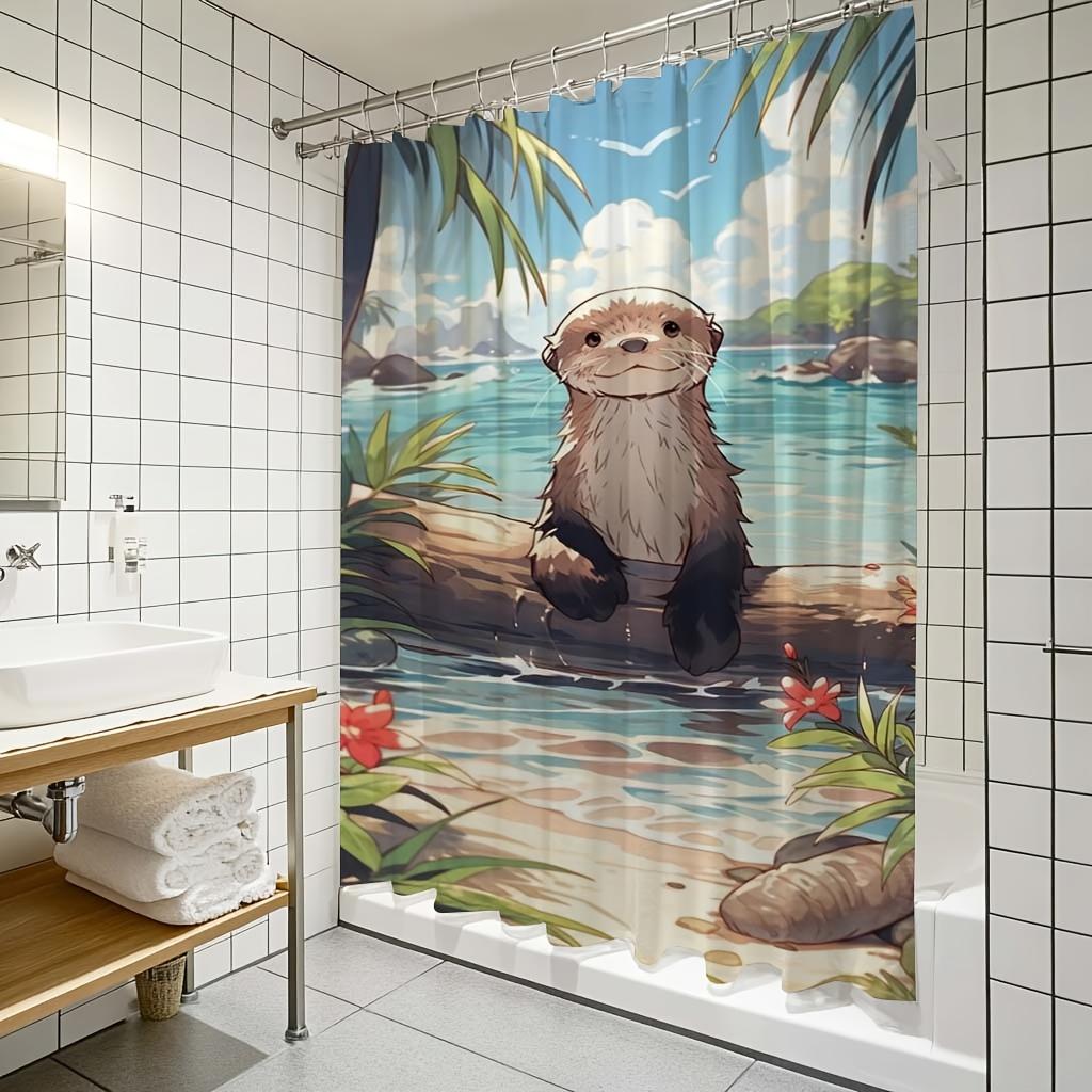 1 Piece Shower Curtain Set - Cute Otter Digital Print Art Pattern, Polyester Fabric with Hooks, Shower Curtain Decoration