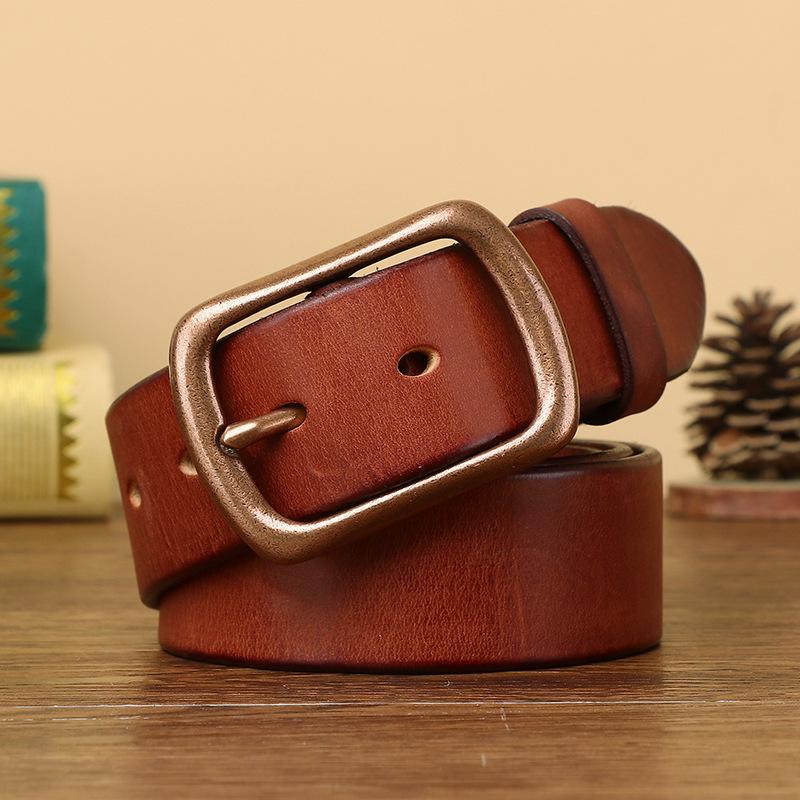 3.8Cm Wide Copper Buckle Belt Men'S Leather Pin Buckle Natal Year First Layer Cowhide Retro Casual Jeans Belt