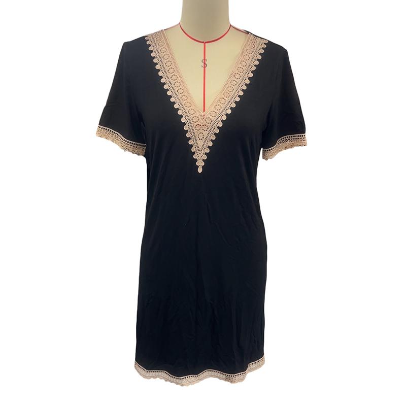 Women Summer Short Sleeve Lacework V Neck Solid Color One Piece Dress