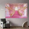 Sfondo 2D Fantasioso di una Villa Rosa con Dettagli Dorati e Scale per Programmi TV, Poster e Decorazione della Stanza