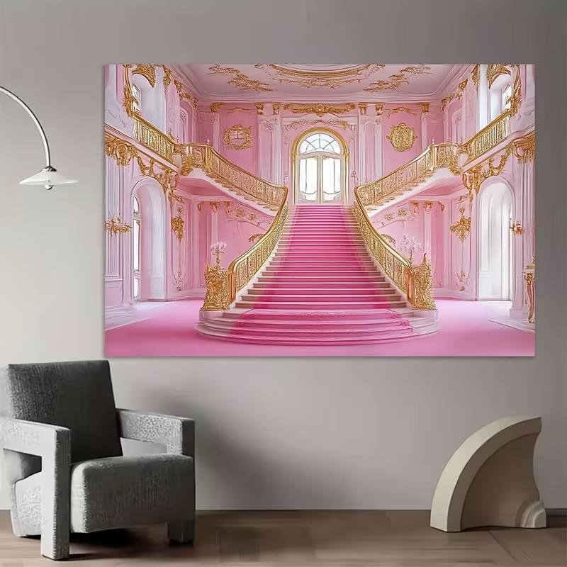 Sfondo 2D Fantasioso di una Villa Rosa con Dettagli Dorati e Scale per Programmi TV, Poster e Decorazione della Stanza