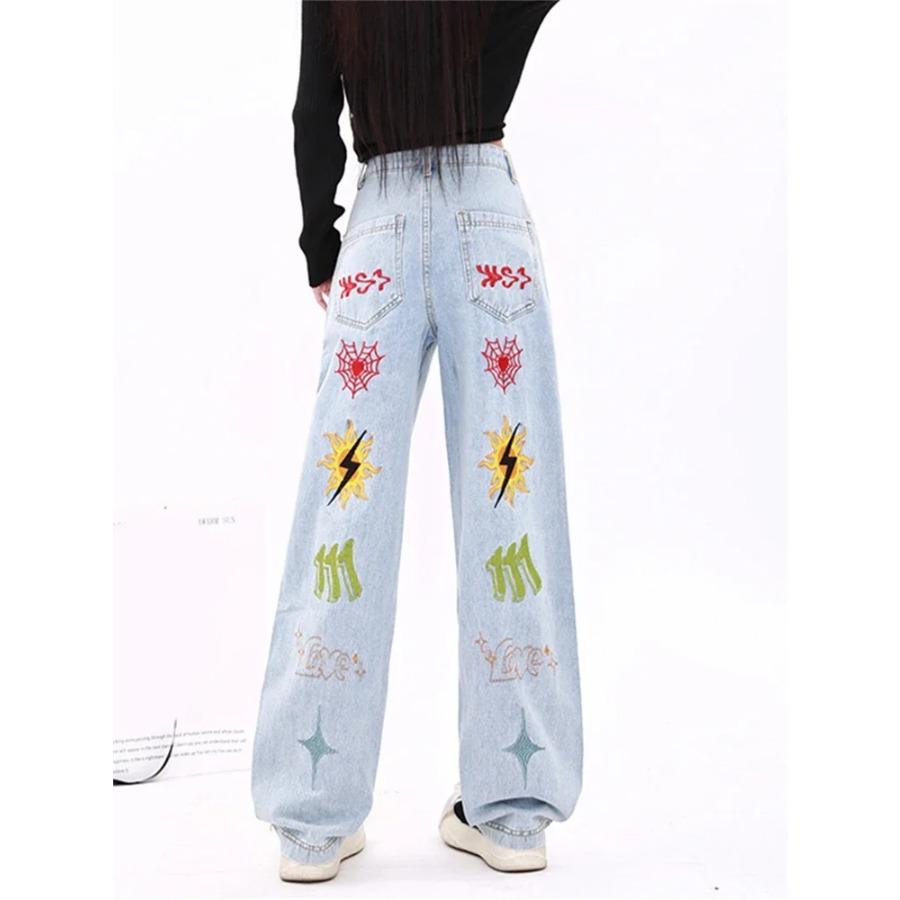 

Rockulzzang Мешковатые джинсы с вышивкой, женские винтажные потертые синие уличные брюки с высокой талией, прямые широкие джинсы полной длины