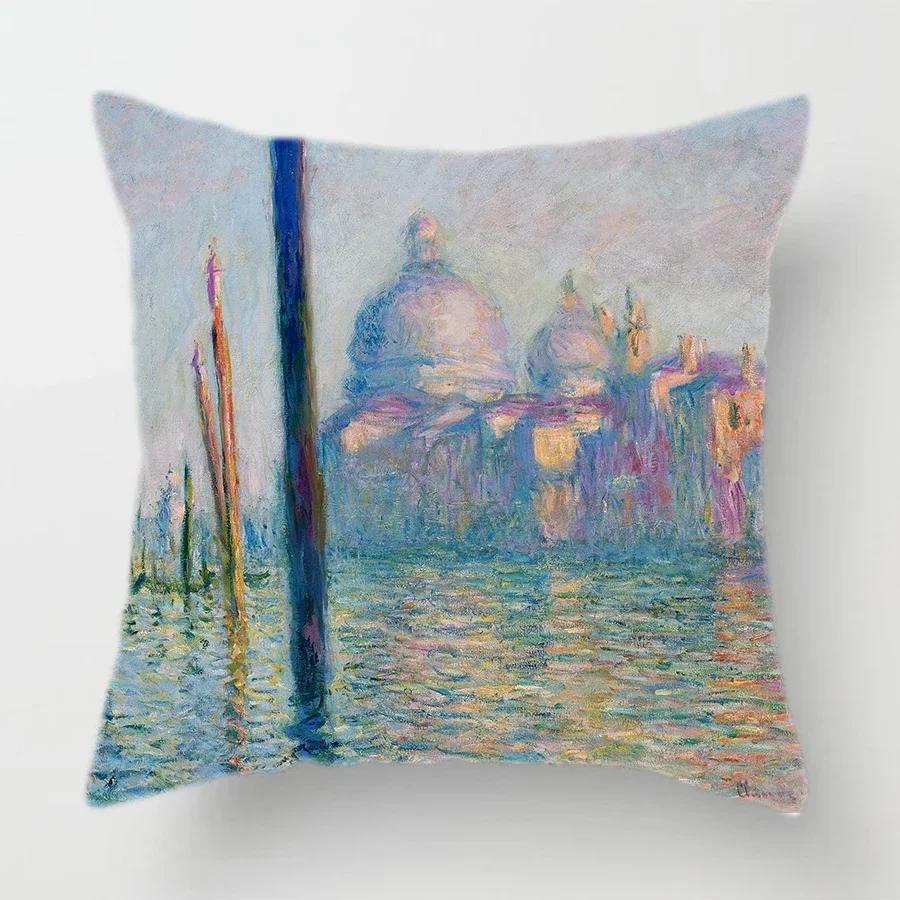 Claude Monet Polyester Printing Cushion Cover Sofa Landscape World Famous Oil Painting Throw Decorative Pillow Case Home Decor