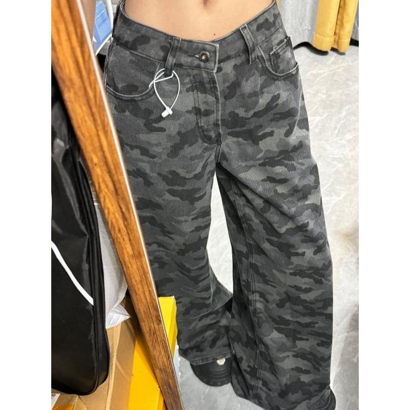 Tooling Camouflage High Waist New Jeans Women's Retro Autumn and Winter Design Loose Wide Legs Thin Floor Pants
