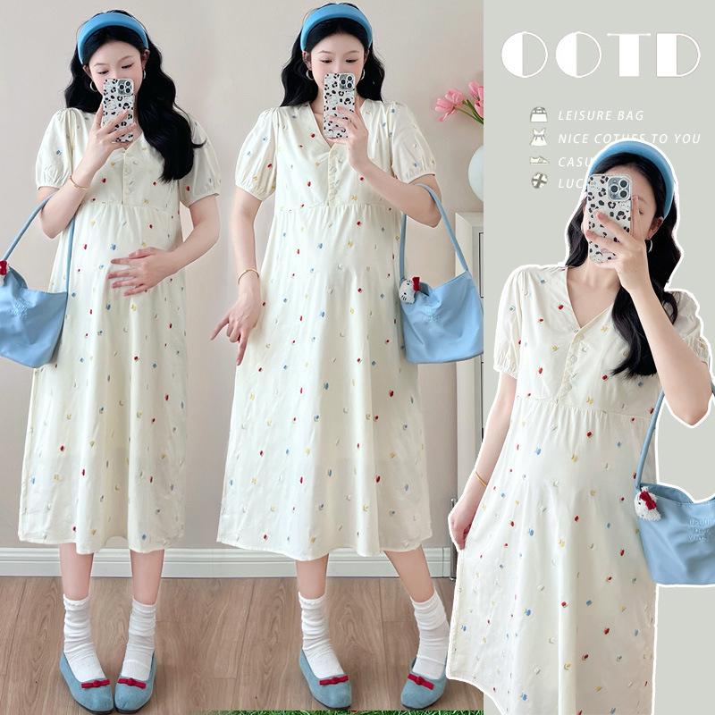 French Floral Loose Fit Maternity Dress with Detachable Button Nursing Feature M