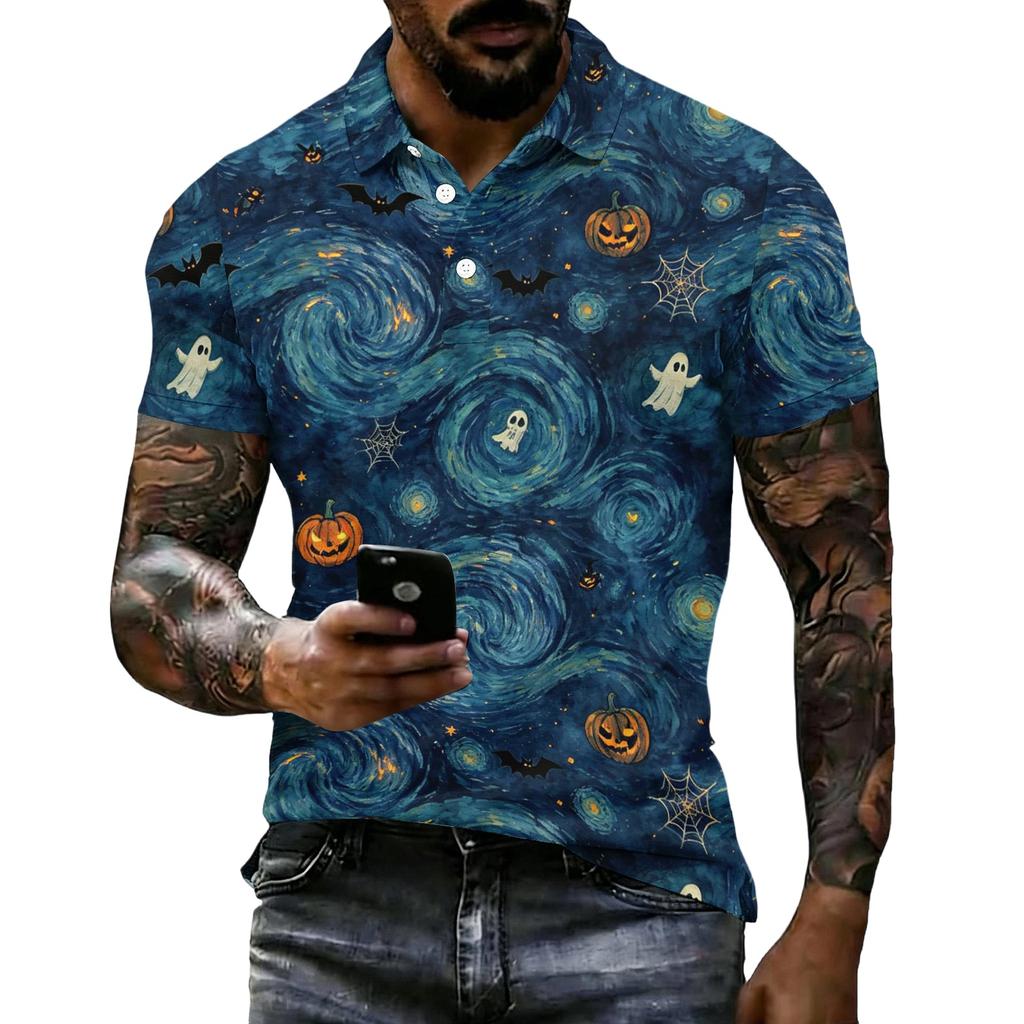Men's Halloween Printed Short Sleeve Polo Shirt Loose Fit Casual Summer Daily Wear Button Down Collar Top