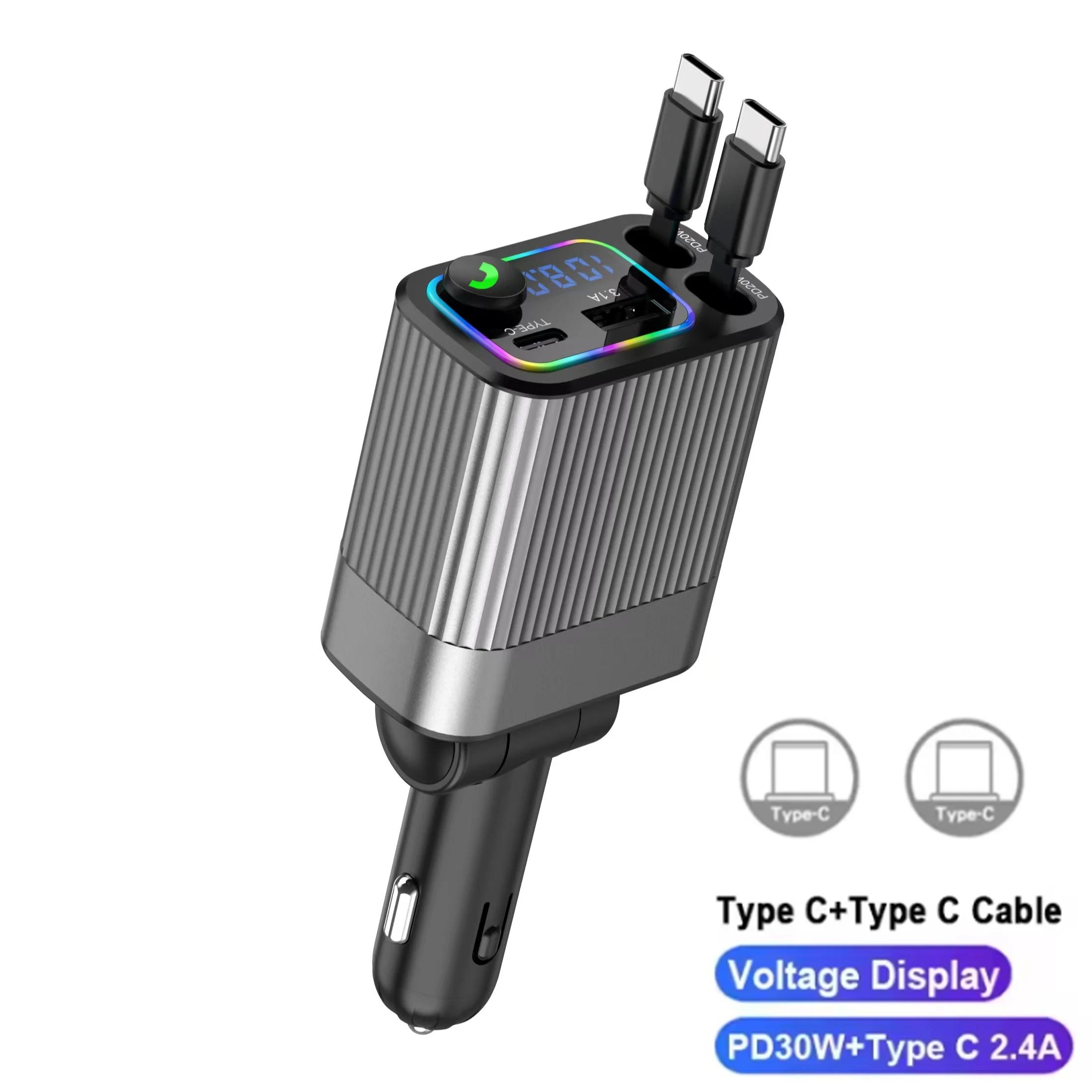 

108W 5 in 1 Car Charger Bluetooth FM Transmitter with Retractable Cable USB Type C Fast Charging Adapter For Mobile iPhone