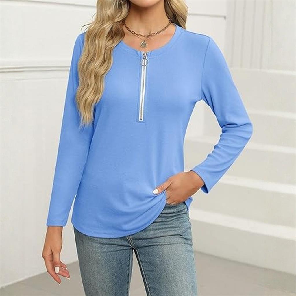 Women's   Fashion Casual Solid Color  Zipper V-Neck Long Sleeve Shirt Tops