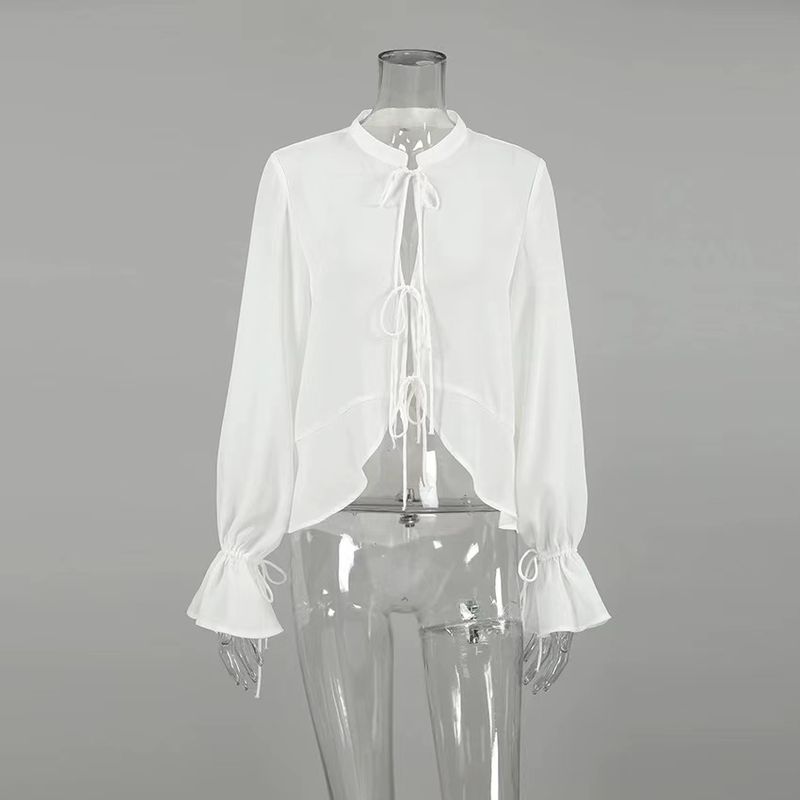 

Western Style New Fashion Chiffon Design Lace-up Shirts Lace up Flared Sleeve Shirt White S