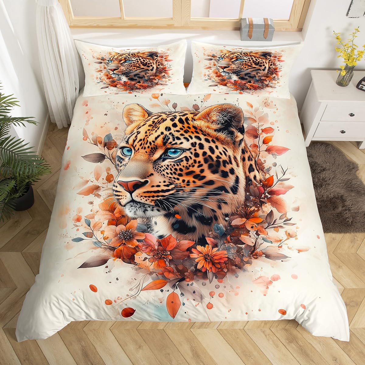 

Leopard Duvet Cover Wild Cheetah Print Bedding Set For Boys Girls Tropical Palm Leaves Floral Comforter Cover Single King Size EU Single(135x200cm)