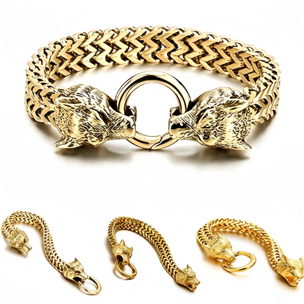 Bracciale Vikingo con Testa di Lupo in Acciaio Inossidabile con Catena a Maglia Franco Retro