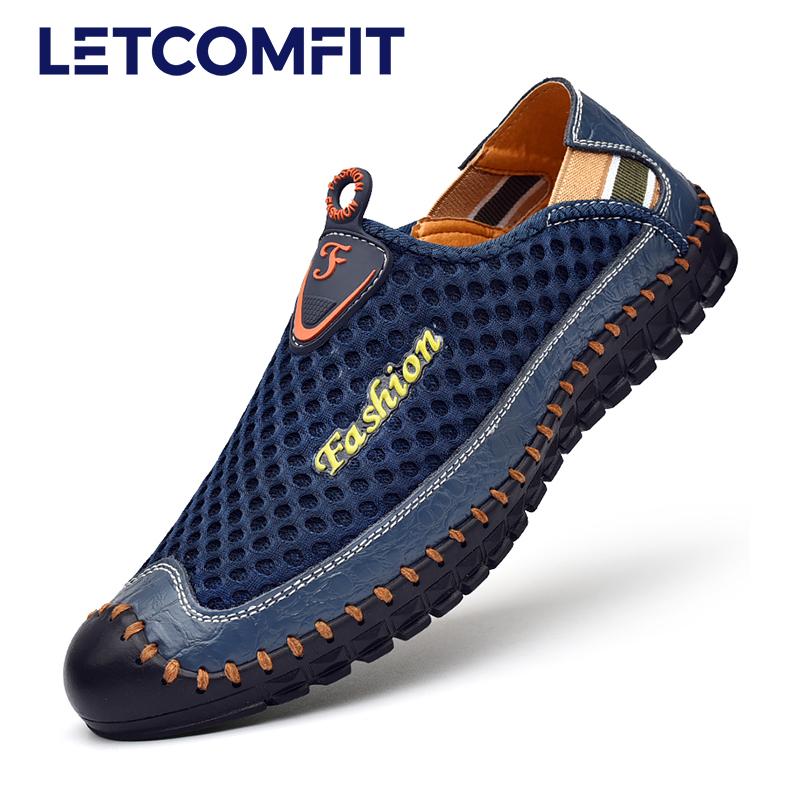 LETCOMFIT Men's Mesh Breath Light Rubber Sole Stitching Non Slip Sandals Hiking Shoes Outdoor Camping Slip On Walking Footwear