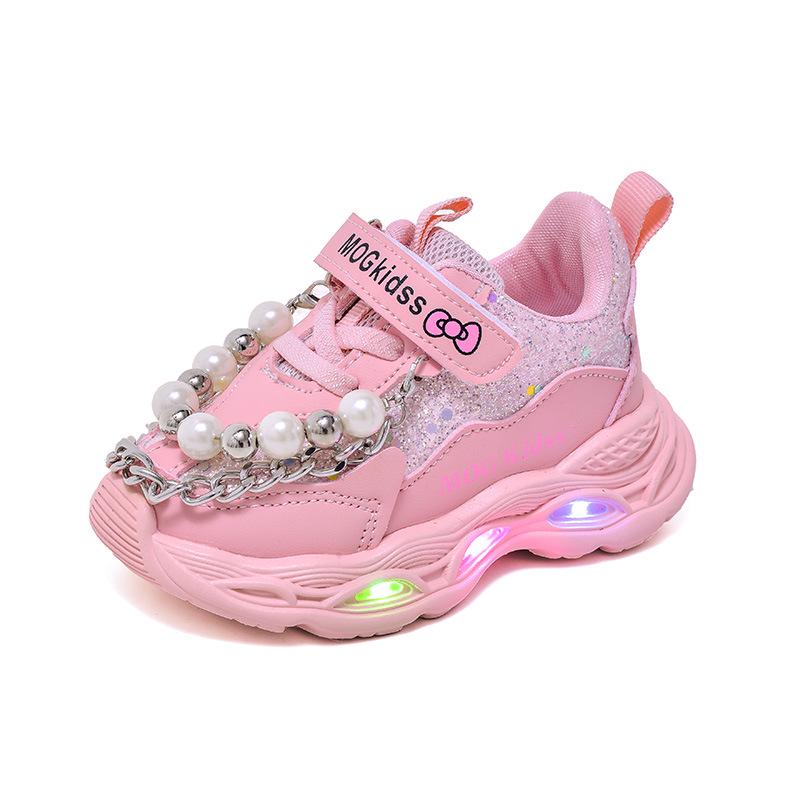 2025 Spring/Autumn Girls' LED Light-Up Pearl Chain Princess Sneakers with Soft Soles