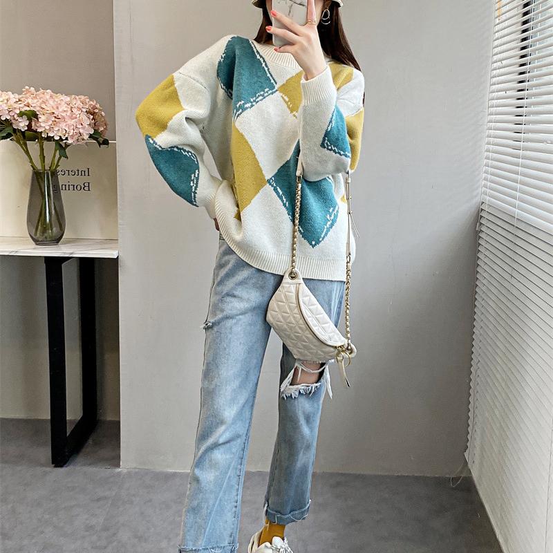 Pull Vintage surdimensionné à col rond Argyle pour femme, pull ample à manches longues, mode coréenne, automne