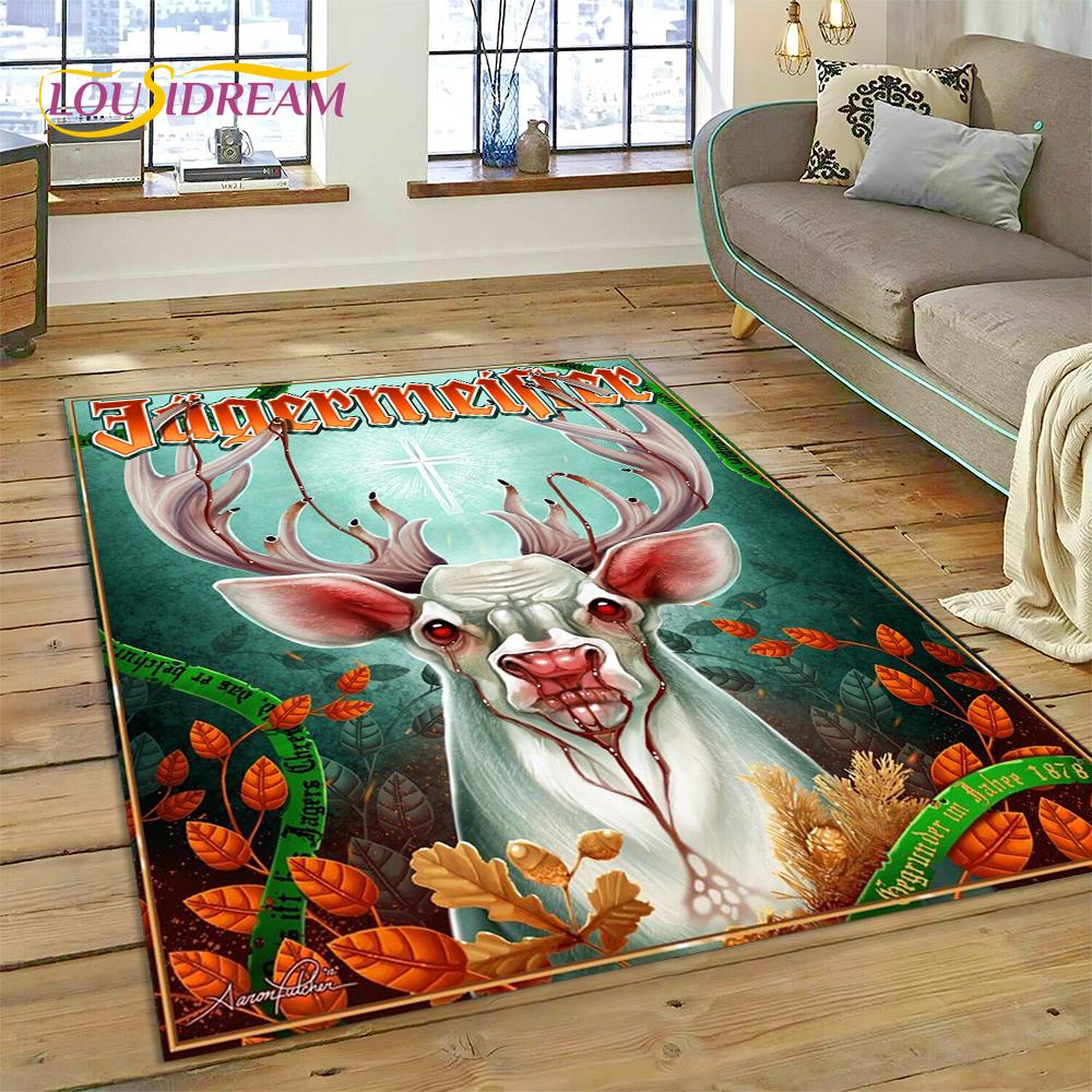 Tappeto Tappeto Logo Jaegermeister Tedesco più Recente 3D con Alce per Decorazione Soggiorno Camera da Letto, Tappetino Antiscivolo Decorazione per Divano Zerbino