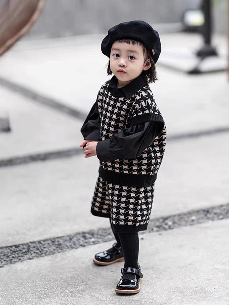 Children's Retro Houndstooth Cotton Knit Cardigan Vest