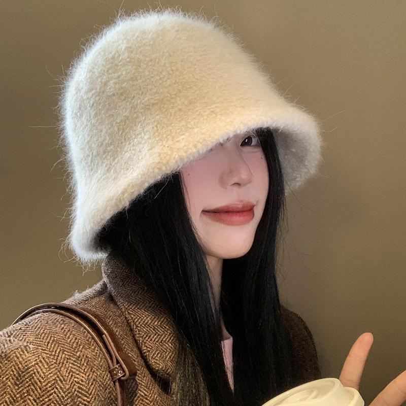 Weißer gestrickter Kaninchenfell-Bucket-Hat für Damen, neu für Herbst und Winter, großer Kopfumfang, Beckenhut, hochwertiges Gefühl, Hut für ein kleines Gesicht