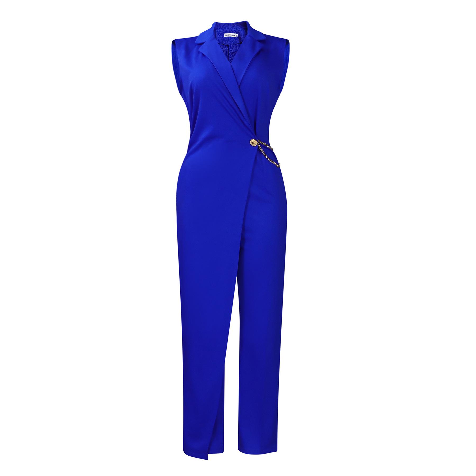 

Women s Elegant Wide-Leg Jumpsuit with Suit Collar and Waist Chain Medium синій