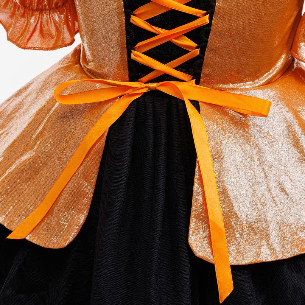 Girls' Halloween Witch Party Dress with Orange Patchwork Mesh Puff Skirt and Short Sleeves