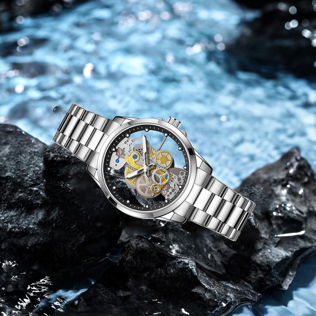Doppelseitige Skelett Herrenuhr Hoher Wert Leuchtend Trend Mode Mechanischer Sinn Gutaussehend Quarz Herrenuhr