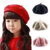 Fashion Wool Material Child Beret With Pearls Solid Color Retro Baby Girl Caps for 3-8 Years