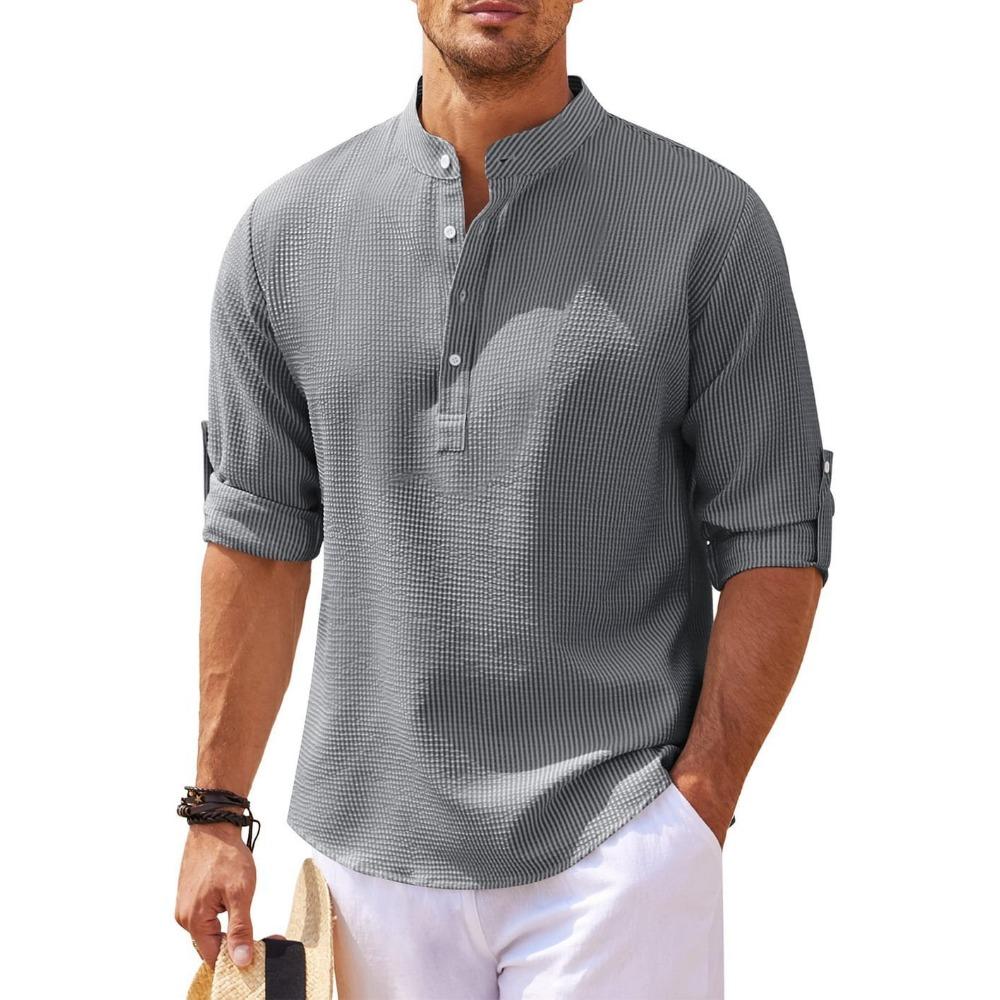 Men's Long Sleeved Stand Up Collar Plaid Casual Shirt