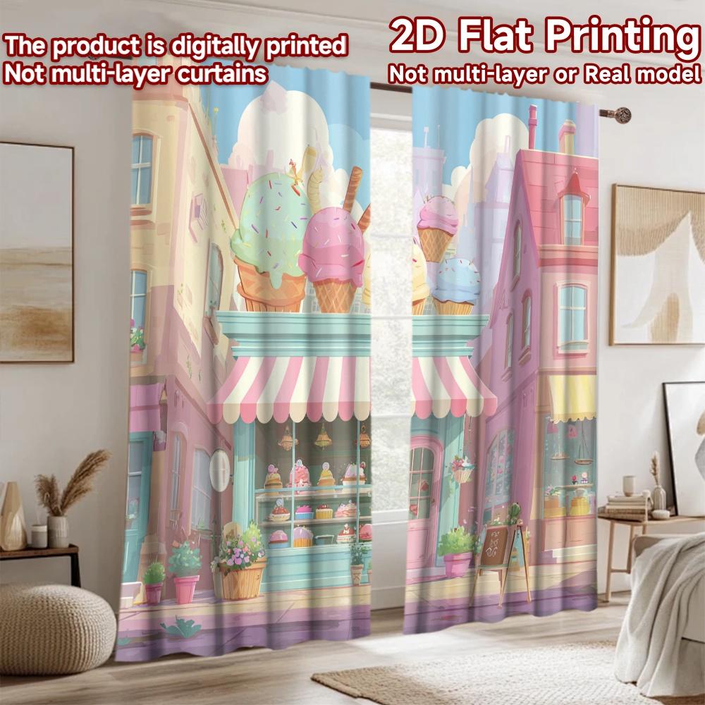 2D Flat Printing 2pcs Party Curtains Cute Cupcakes Kawaii Bakery Shop Digital Printed Polyester Drapes Seasonal Party & Holiday