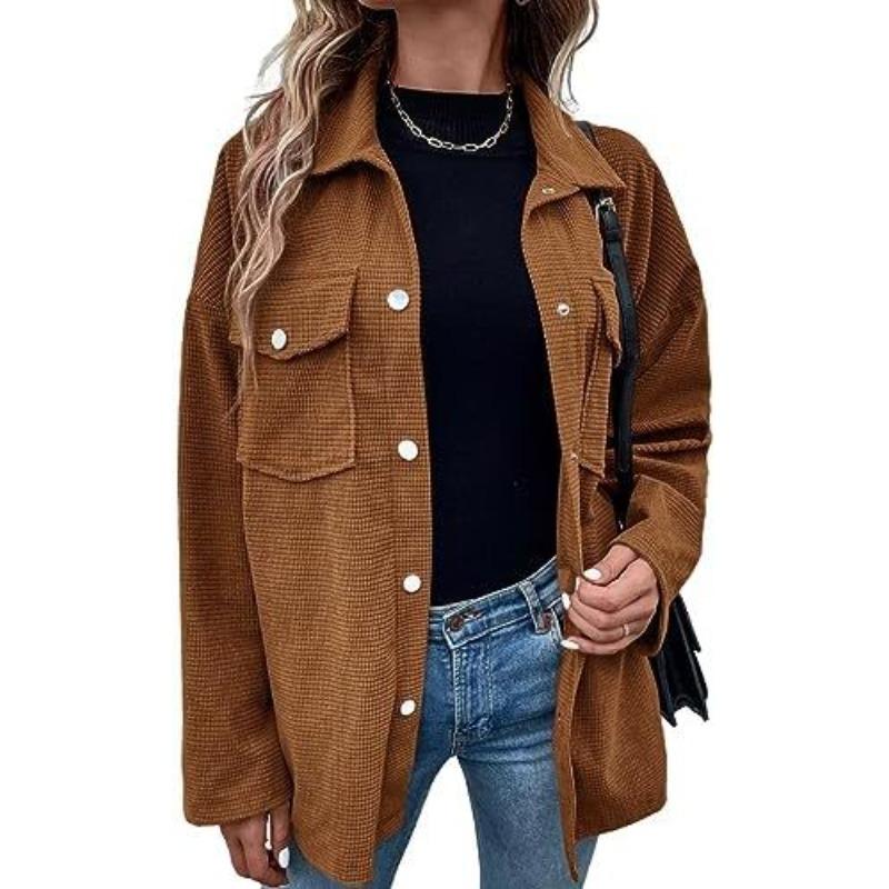 Button Front Flap Pocket Jacket, Casual Solid Color Long Sleeve Drop Shoulder Jacket, Women's