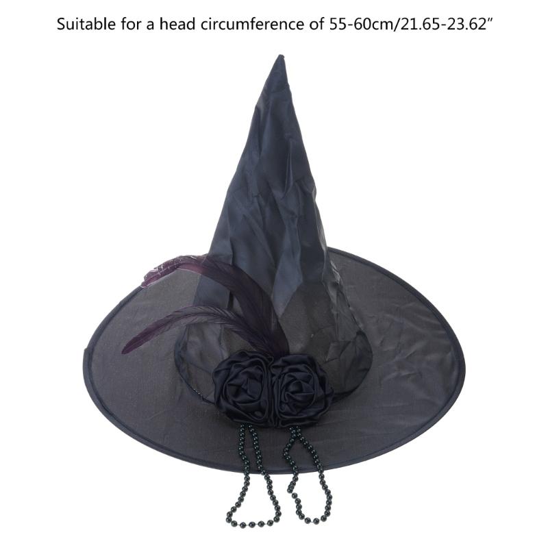 Halloween Party Velvet Witch Hats Party Wide Brim Pointed Hat Accessory Black Witch Hat with Chain Conjurer