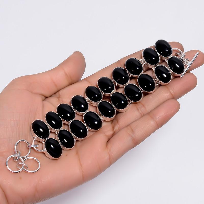 Excellent Top Grade Qualite 100% Natural Black Onyx Oval Shape Ethnic Style Handmade Jewelry 925 Steling Silver Plated Bracelet 5-8" WSJ4716