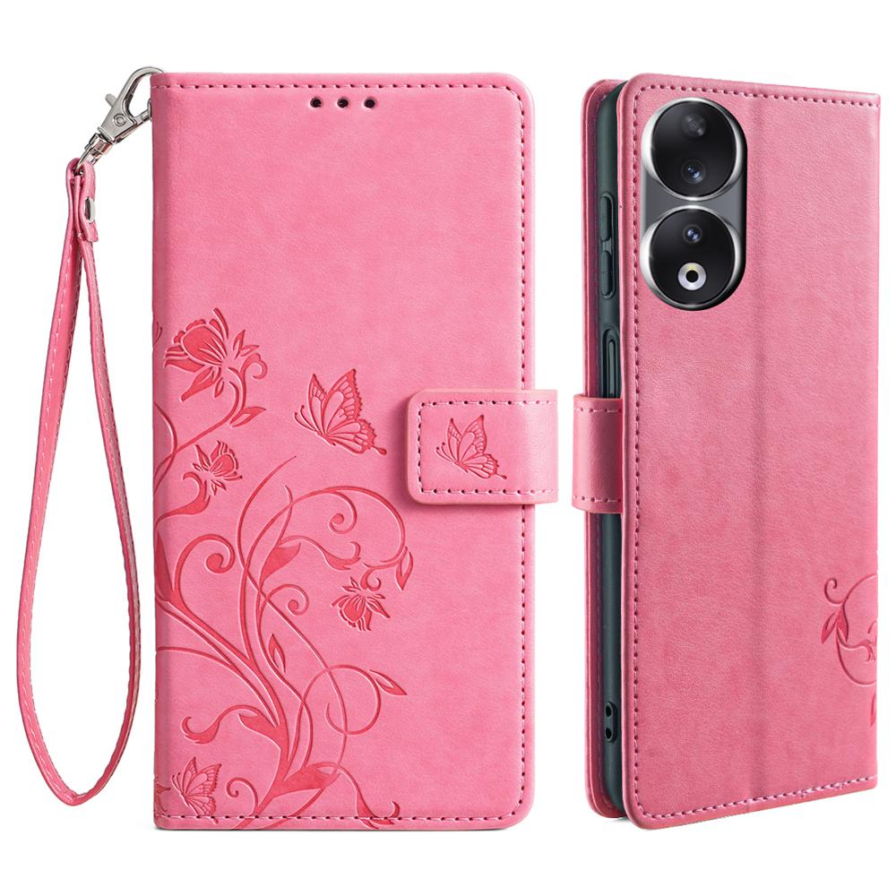 

Для Honor 90 Чехол Бабочка Цветок PU Кожа Подставка Чехол для Телефона с Ремешком на Запястье Отделения для Карт Pink