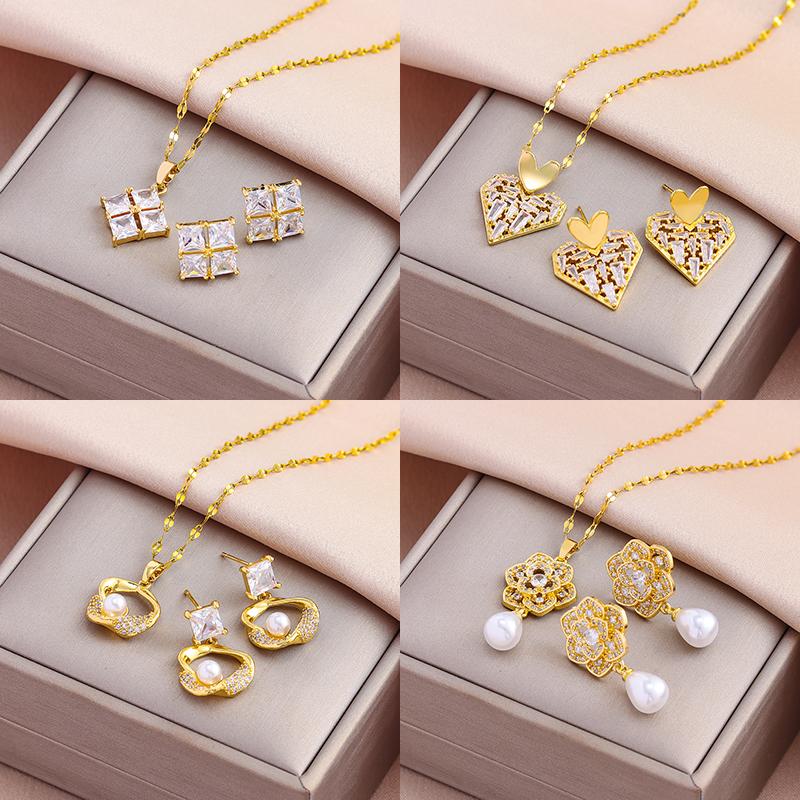 New Fashion Gold Plated Necklaces Earrings Sets For Women Female Trendy Party Jewelry Girls Daily Wear Neck Chain Earrings