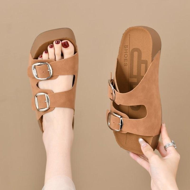 

Fashion 2025 Summer Solid Color Adjustable Thick Soled Flat Beach One Strap Slides for Women Anti Slip Trendy Outdoor Slippers Korea 40
