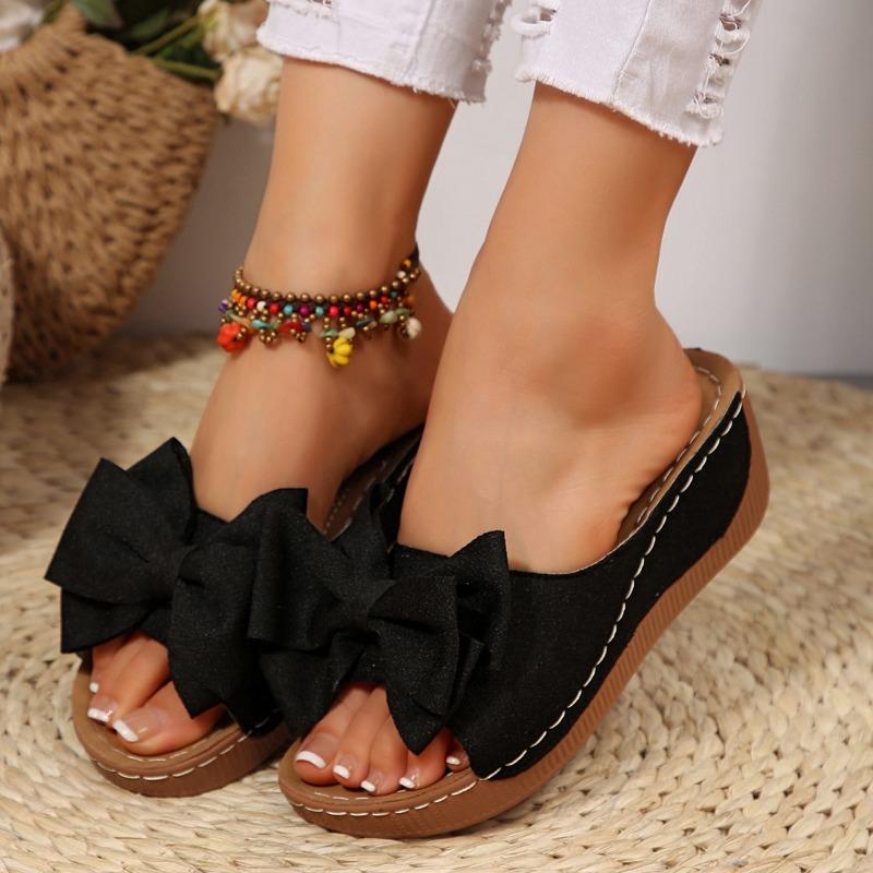 

Large size bow thick-soled slippers female solid color cloth one-character slope heel cool slippers wish 36