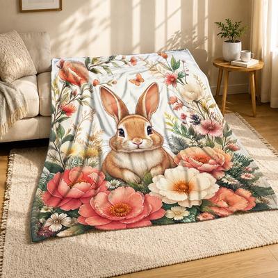 Floral Bunny Portrait Coral Fleece Blanket Spring Home Decor