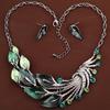 Retro Tibetan Leaf Peacock Crystal Rhinestone Drop Earrings Short Necklace Set