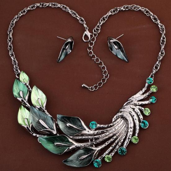 Retro Tibetan Leaf Peacock Crystal Rhinestone Drop Earrings Short Necklace Set