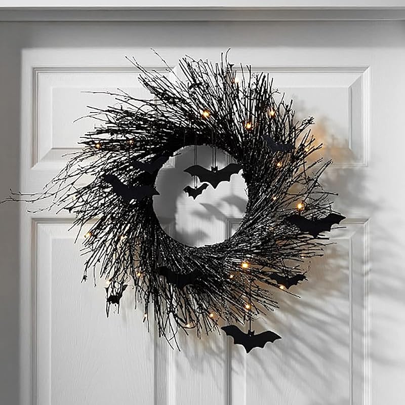Black Wreath for Front Door, Halloween Wreath with Lights, Twig Wreath Halloween Lighted Garland Outdoor Halloween Decorations, Glitter Black Wreaths